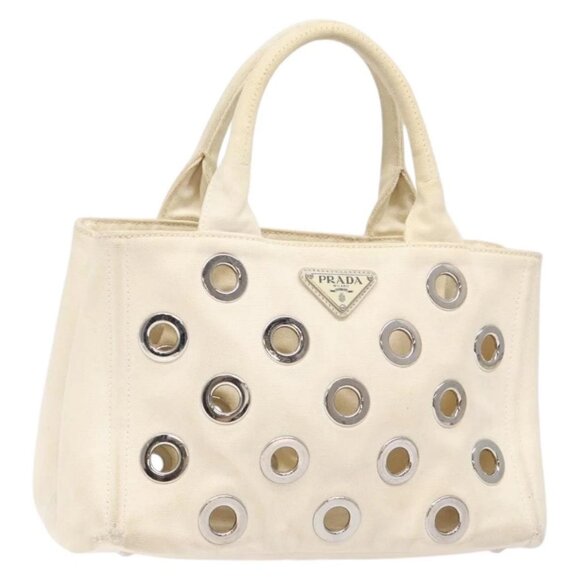 PRADA Canapa PM Hand Bag Canvas White Silver Auth 139730 - Picture 1 of 16